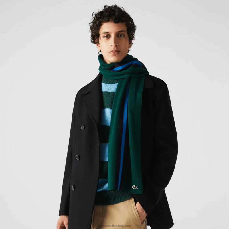 moški Lacoste zelena mornarsko modra 0wa športni črtasti volneni šal P20DL2299