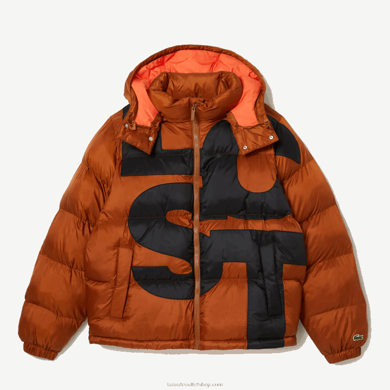 moški Lacoste rjavo črna 7sp prevelika vodoodbojna jakna z blagovno znamko P20DL1235