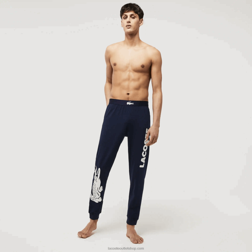 moški Lacoste mornarsko modra bela 525 raztegljive bombažne pižama hlače s potiskom krokodila P20DL1456