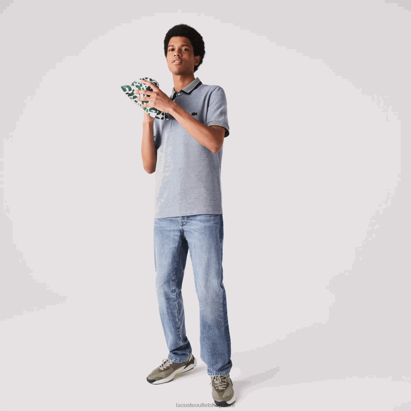 moški Lacoste mornarsko modra bela bdv bombažna polo majica običajnega kroja s črtastimi zaključki P20DL873