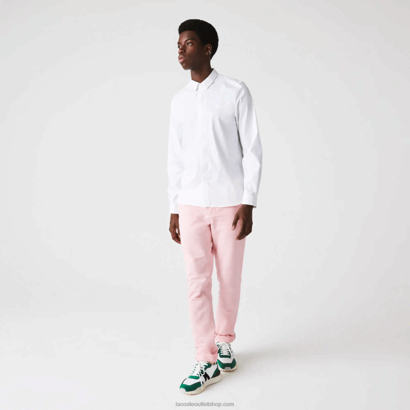 moški Lacoste bela 001 srajca iz raztegljivega bombaža iz poplina s skritimi žepni P20DL1648