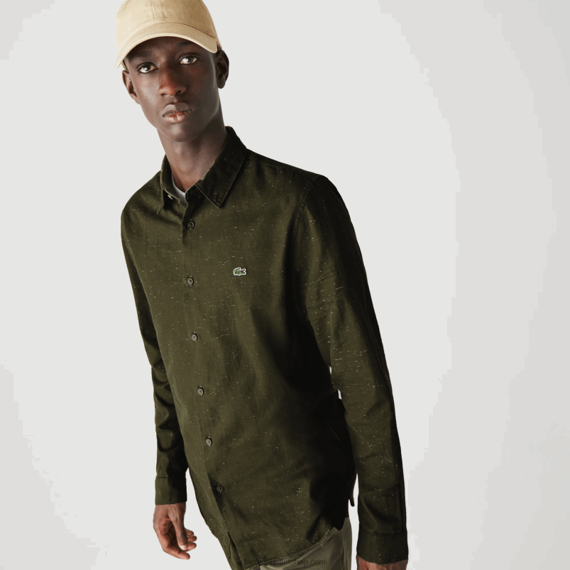 moški Lacoste kaki zeleno bela n8e prilegajoča se bombažna srajca P20DL1645