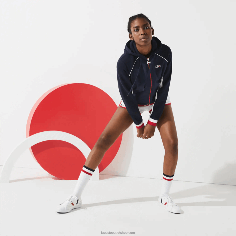 ženske Lacoste mornarsko modra bela rdeča zakon francoska športna jakna iz flisa z zadrgo Sporting Spirit Edition P20DL2610