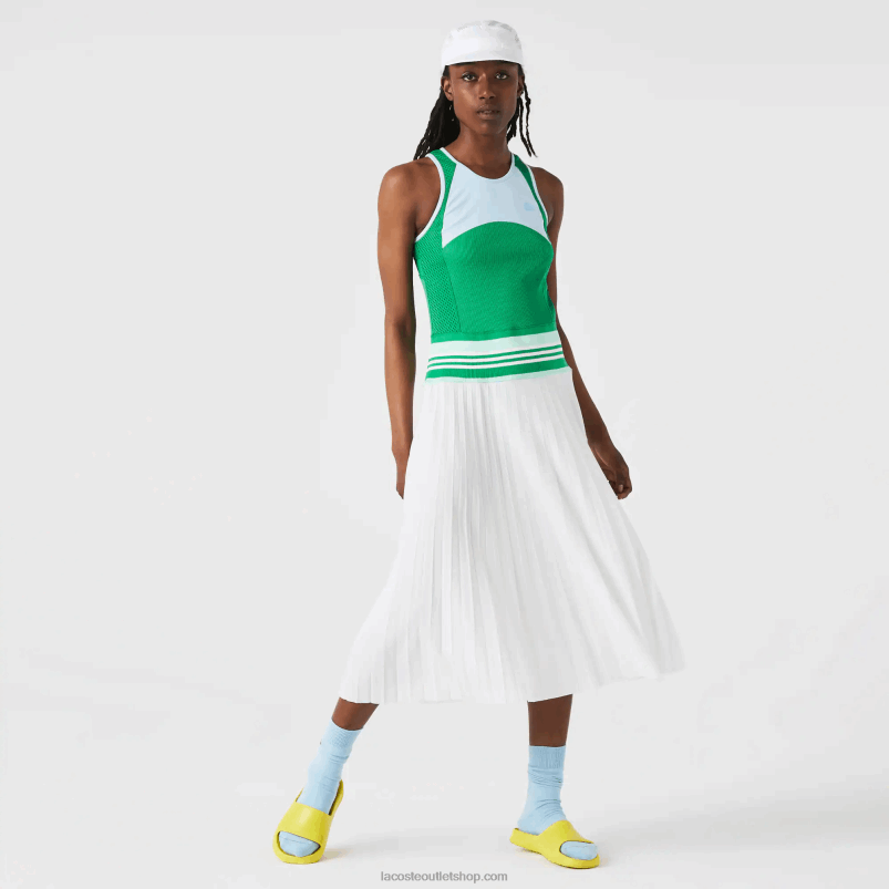 ženske Lacoste modro zelena bela 2c5 nagubana majica brez rokavov z barvnimi bloki P20DL2497