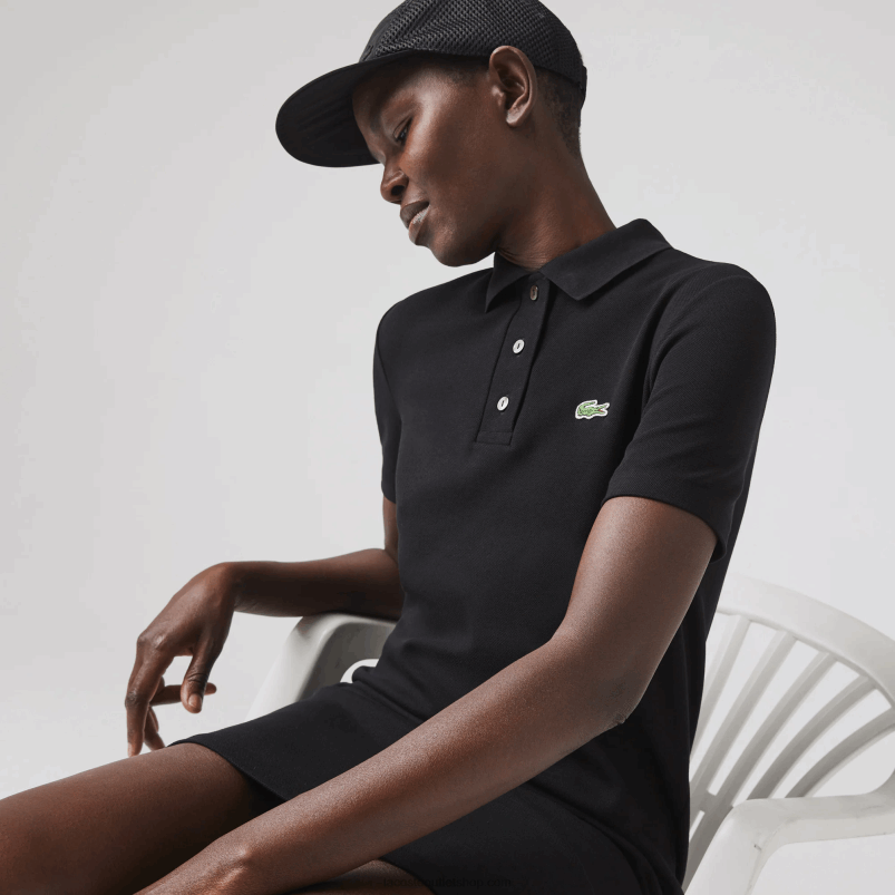 ženske Lacoste črna 031 pique polo obleka s trobentastimi rokavi P20DL2510