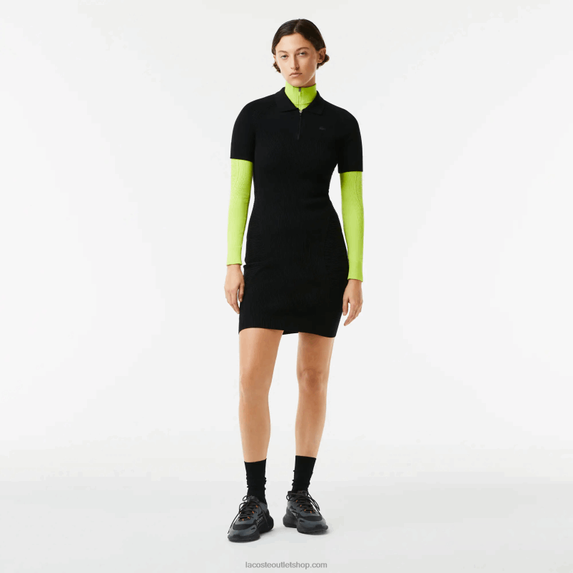 ženske Lacoste črna 031 pletene podrobnosti sprednje obleke z zadrgo P20DL2481